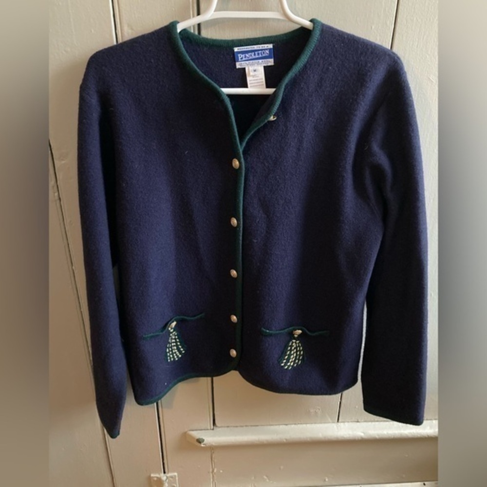 Pendleton 100% Wool Sweater | Embroidered | Medium | Navy Green Tassels | Warm